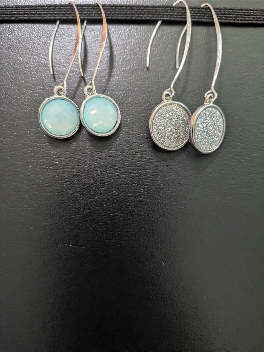 Silver Drop Earrings with Pale Blue Gem and Silver Druzy 2 Pairs